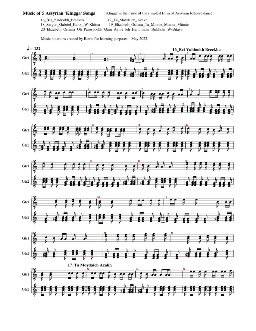 Music of five (1620) Assyrian folklore songs Sheet music for Guitar