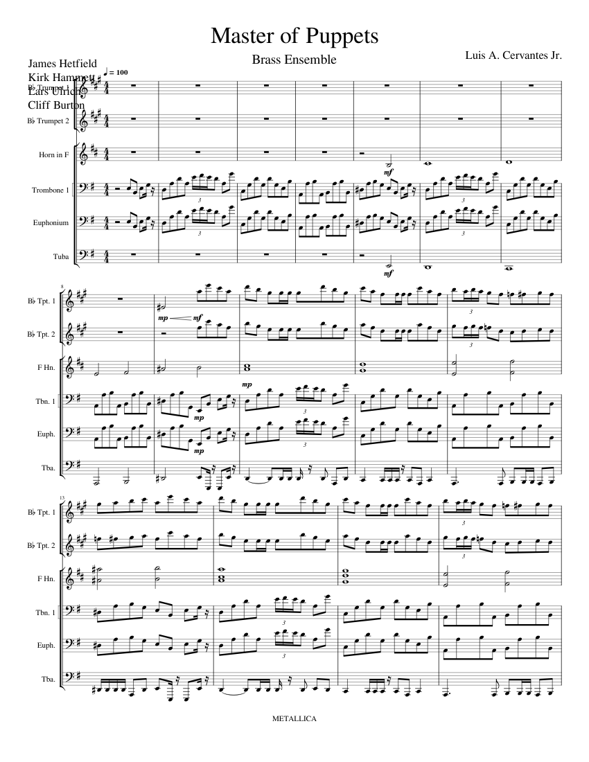 Puppet Note Music Master of Puppets - Metallica Sheet Music for Trombone, Euphonium, Tuba ...