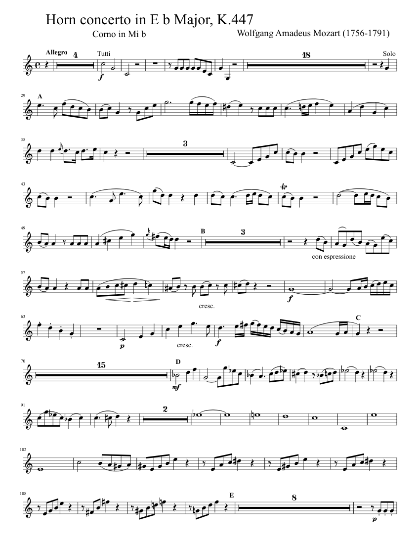 W. A. Mozart - Concerto n. 3 for horn in E b major K 447 - Horn in E b  Complete Part Sheet music for Natural horn (Solo) | Musescore.com
