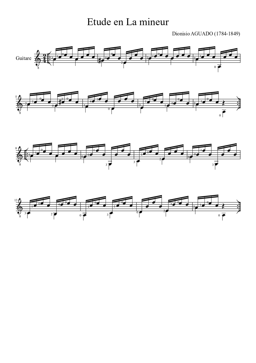 Etude en La mineur - Dionisio Aguado Sheet Music for Guitar (Solo ...