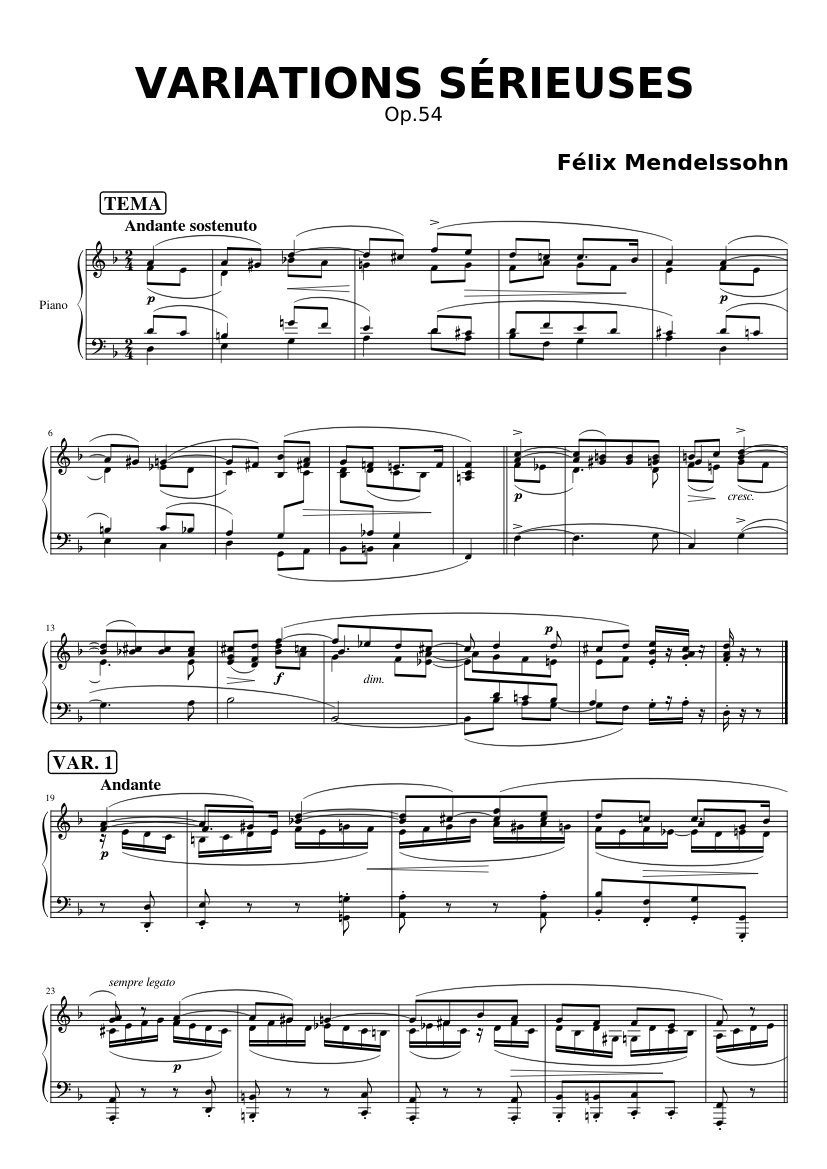 VARIATIONS SÉRIEUSES (Op.54) – Felix Mendelssohn Sheet Music For Piano ...