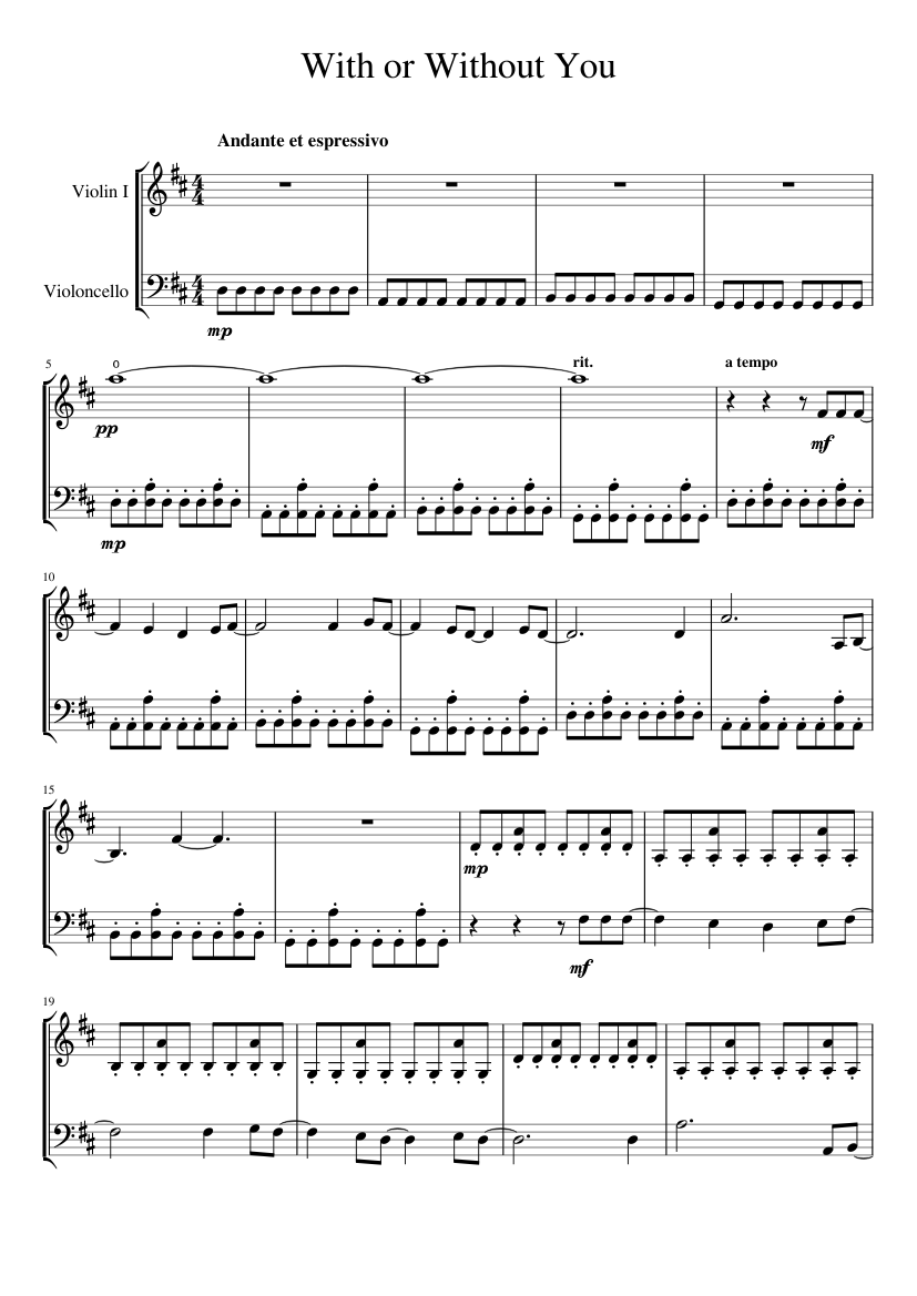 With or Without You [2CELLOS Cover] Sheet music for Violin, Cello (String  Duet) | Musescore.com