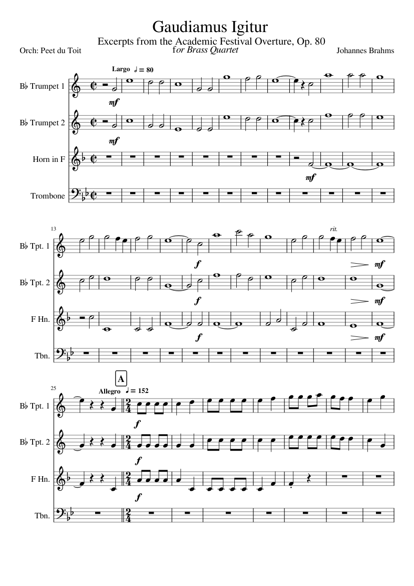 Gaudeamus Igitur - Johannes Brahms Sheet Music For Trombone, Trumpet In ...