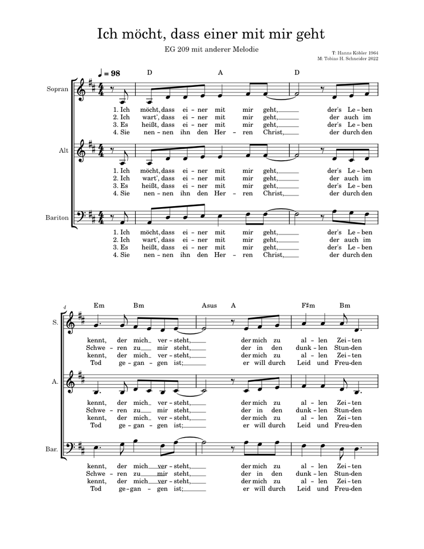 Ich möcht, dass einer mit mir geht Sheet music for Soprano, Alto, Baritone (Choral)