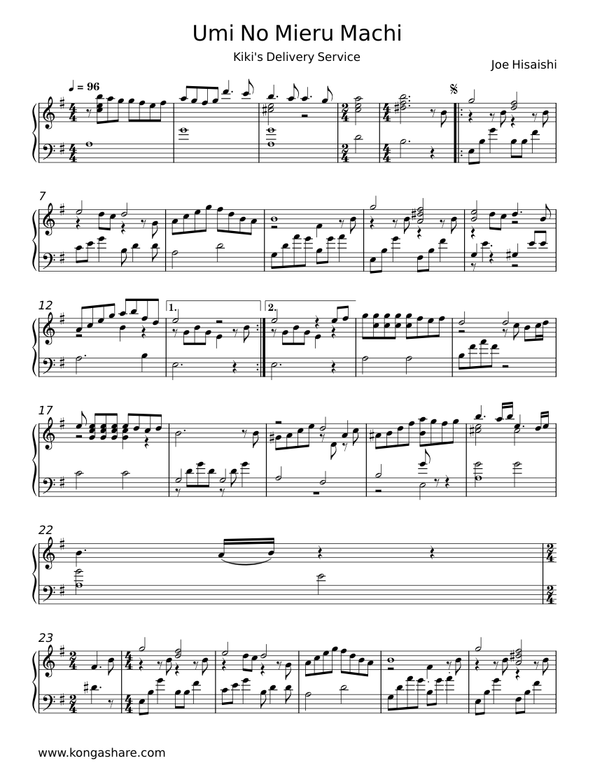 Umi no Mieru Machi - Joe Hisaishi Sheet Music for Piano (Piano Duo ...