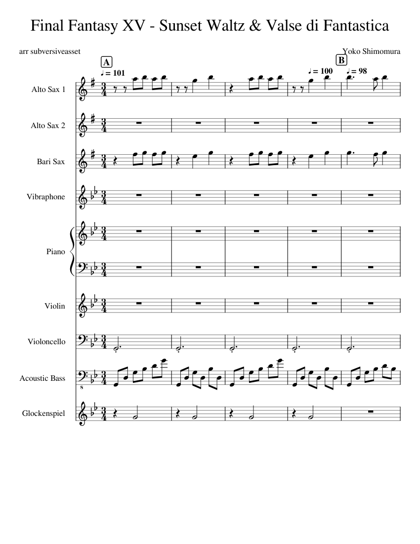 Fina Fantasy XV - Sunset Waltz & Valse di Fantastica (sax cover) Sheet music  for Piano, Saxophone alto, Saxophone baritone, Vibraphone & more  instruments (Mixed Ensemble) | Musescore.com