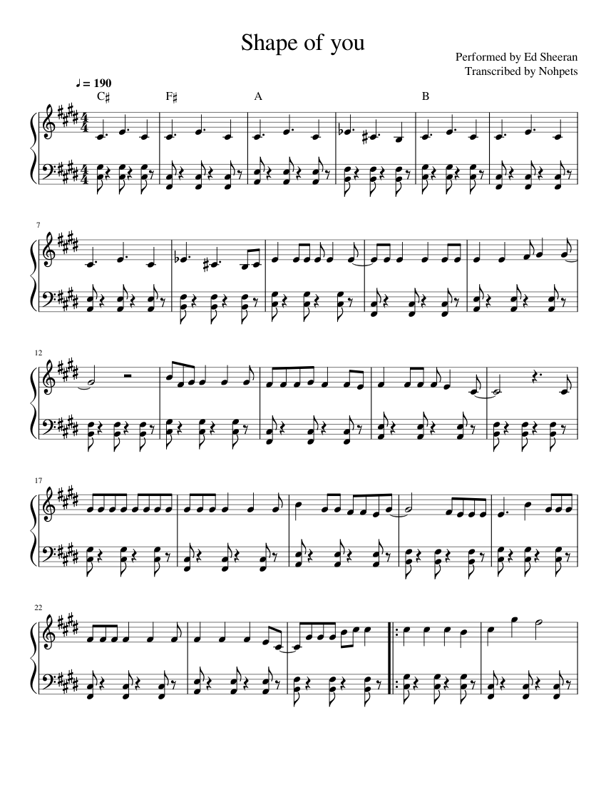 Ed Sheeran-Shape of you Sheet music for Piano (Solo) Easy | Musescore.com