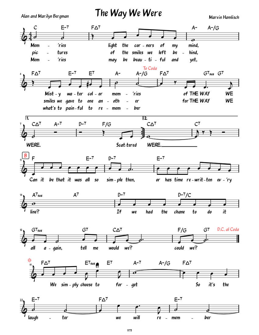 The Way We Were (Lead sheet with lyrics ) Sheet music for Piano (Solo) |  Musescore.com