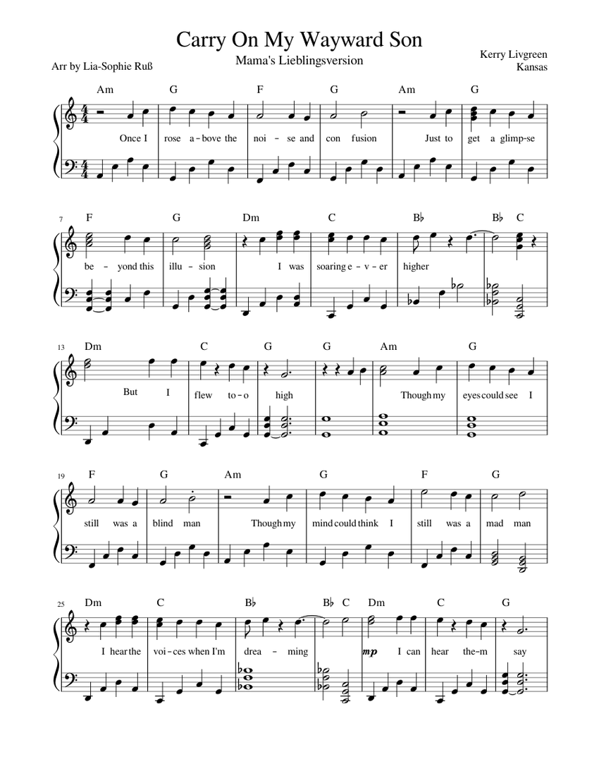 Carry On My Wayward Son Sheet Music For Piano Solo Musescore Com