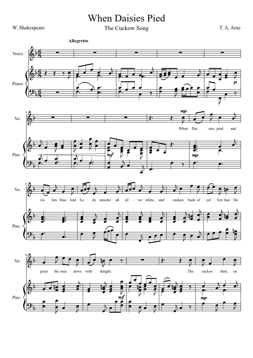 When Daisies Pied Sheet Music For Piano Voice Other Piano Voice Musescore Com