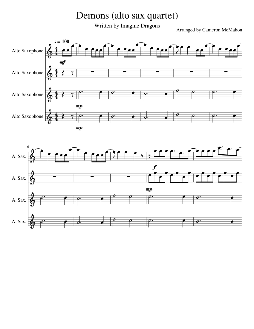 Demons by Imagine Dragons Alto Sax Quartet Sheet music for Saxophone