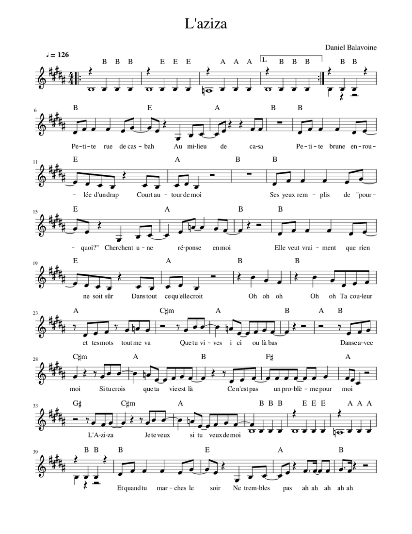 L'aziza - Daniel Balavoine Sheet music for Piano (Solo) Easy | Musescore.com