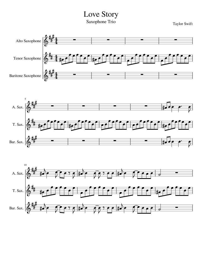 Love Story - Taylor Swift Sheet Music for Saxophone alto, Saxophone tenor,  Saxophone baritone (Saxophone Ensemble) | MuseScore.com, image size:850x1100