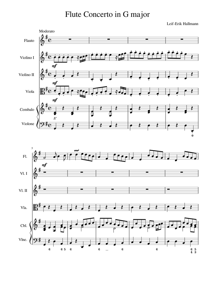 Flute Concerto in G major Sheet music for Harpsichord, Flute, Violin, Viola (Chamber Orchestra