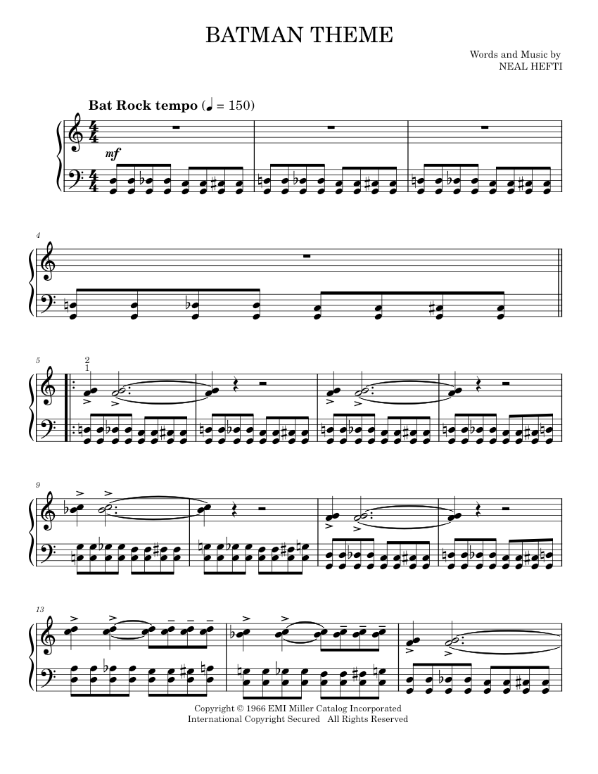 Play Official version of Batman theme Sheet Music by Neal Hefti for ...