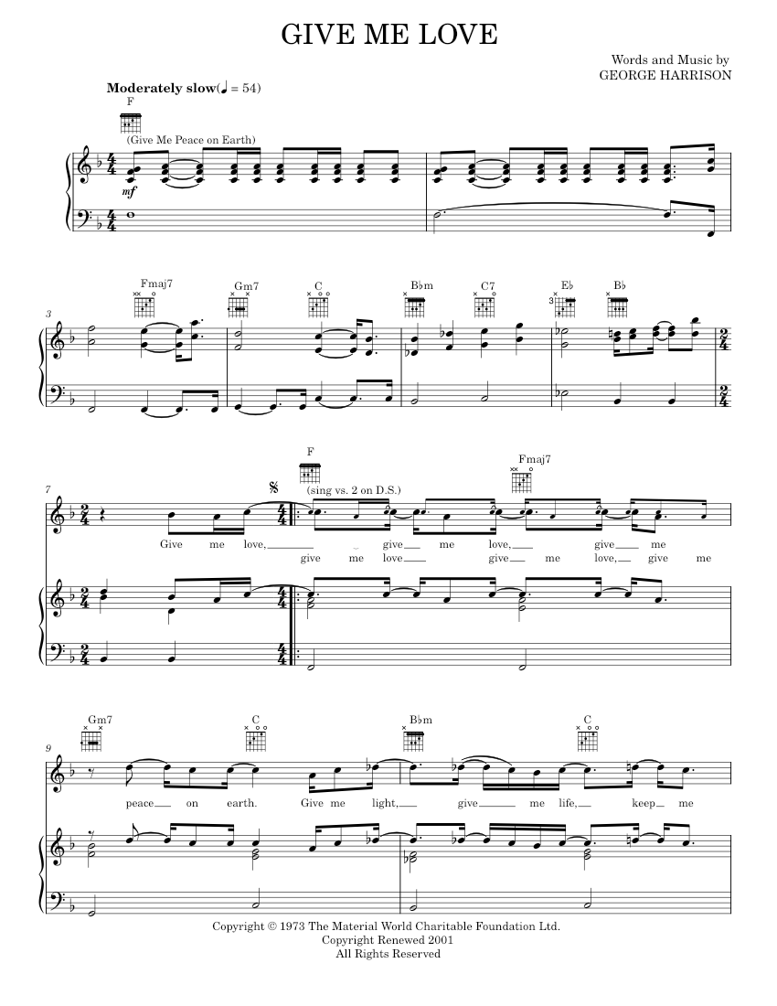 Play Official version of Give me love sheet music by George Harrison for Piano, Vocals ...