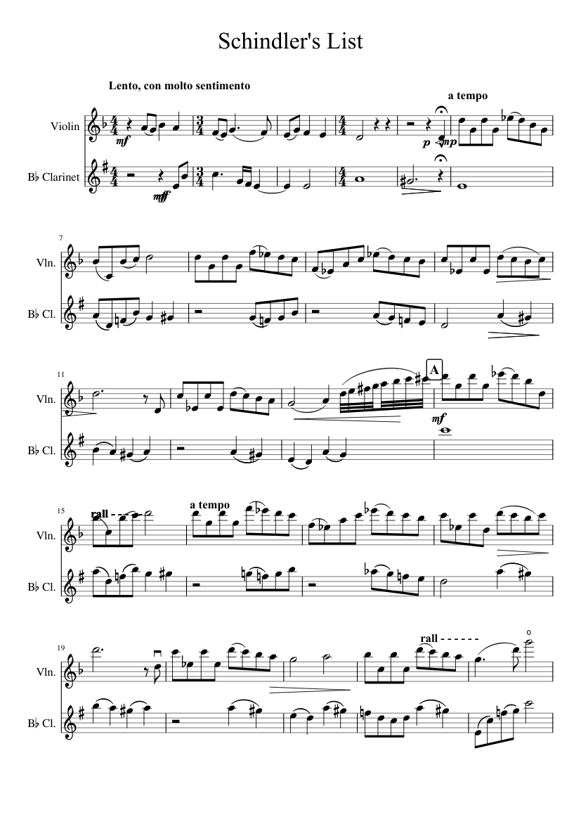 Schindler s List Duet Sheet music for Clarinet in b-flat, Violin (Mixed Duet)  | Musescore.com