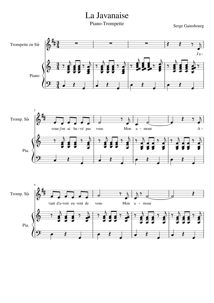 La Javanaise Sheet music for Piano, Trumpet in b-flat (Solo) | Musescore.com