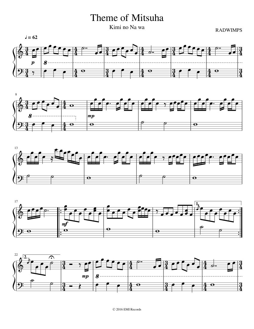 Kimi no Na wa - Sparkle (Theishter 2016) Sheet music for Piano (Solo)