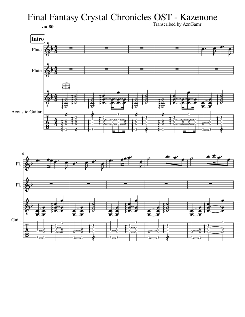 Final Fantasy Crystal Chronicles OST - Kazenone (Guitar and 2 Flutes) Sheet  music for Flute, Guitar (Mixed Trio) | Musescore.com