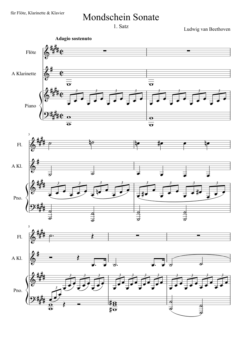 Moonlight Sonata (Flute, Clarinet, Piano) Sheet music for Piano, Flute,  Clarinet in a (Mixed Trio) | Musescore.com