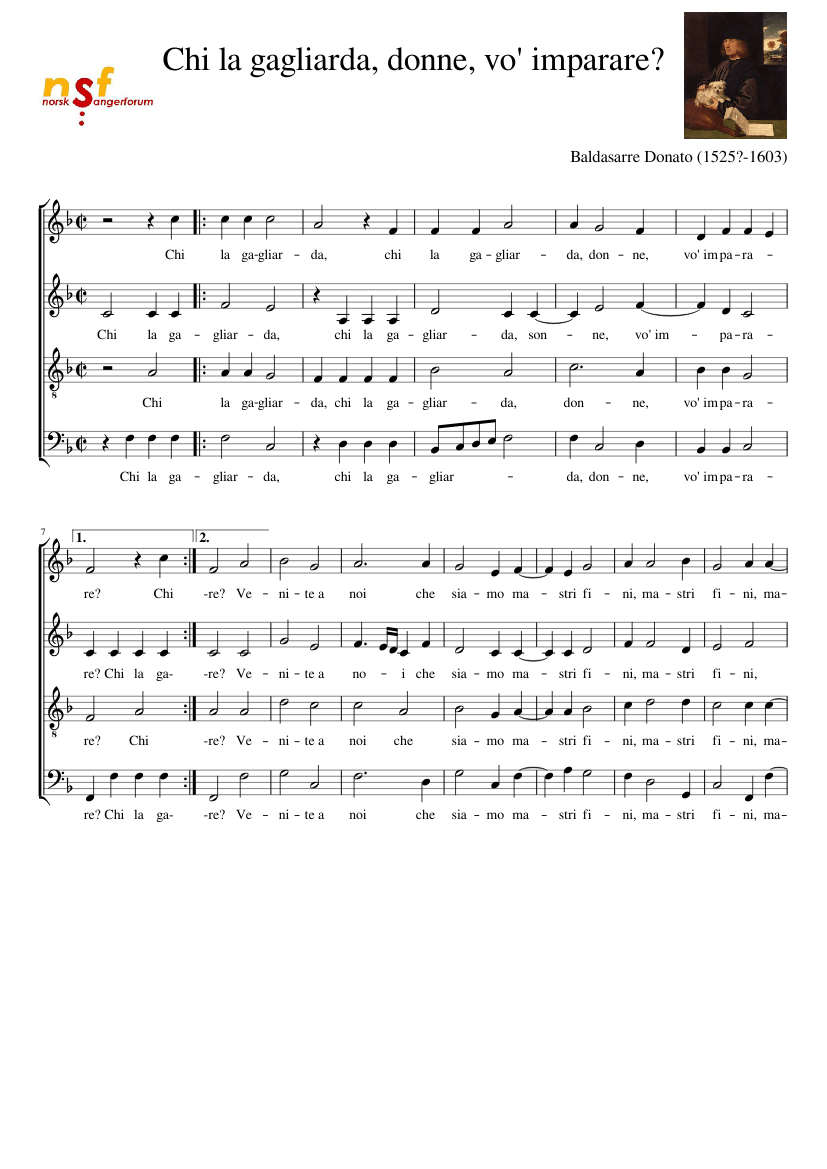 Chi la gagliarda, donne, vo' imparare? (Donato) SATB Sheet music for  Soprano, Alto, Tenor, Bass voice (Choral) | Musescore.com