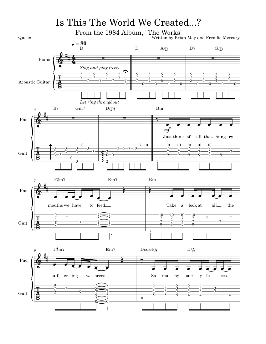 Is This The World We Created...? – Queen Sheet music for Piano, Guitar  (Mixed Duet) | Musescore.com