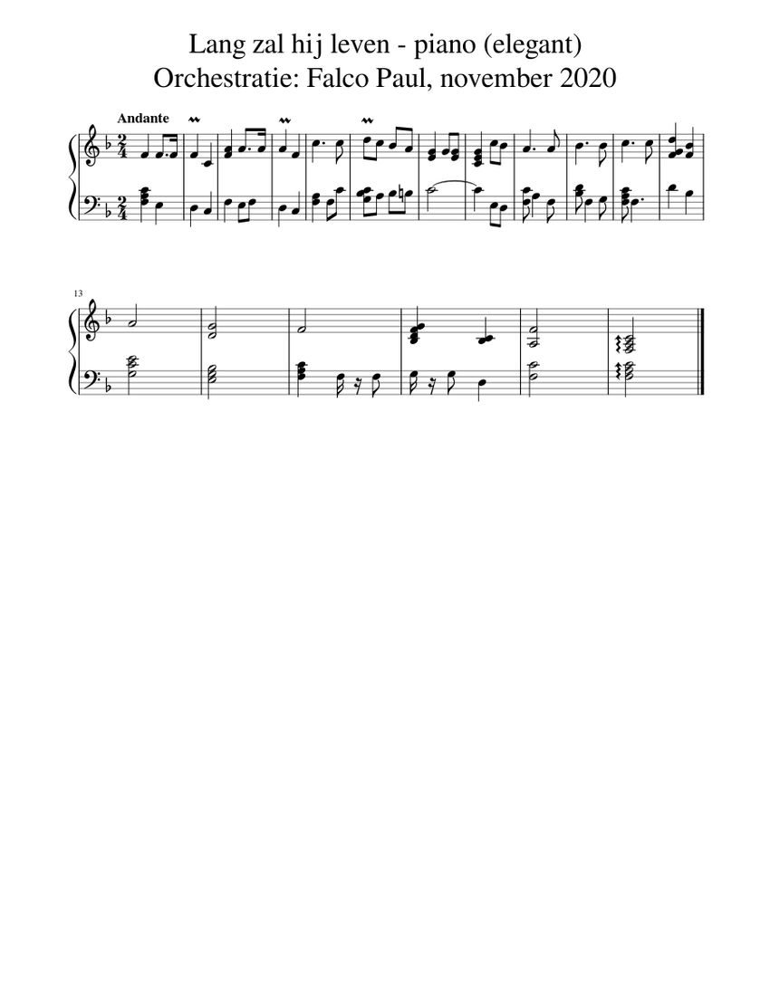 Lang zal hij leven piano elegant Sheet music for Piano