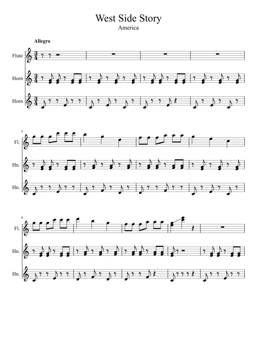 West Side Story; America Sheet music for Flute Musescore.com