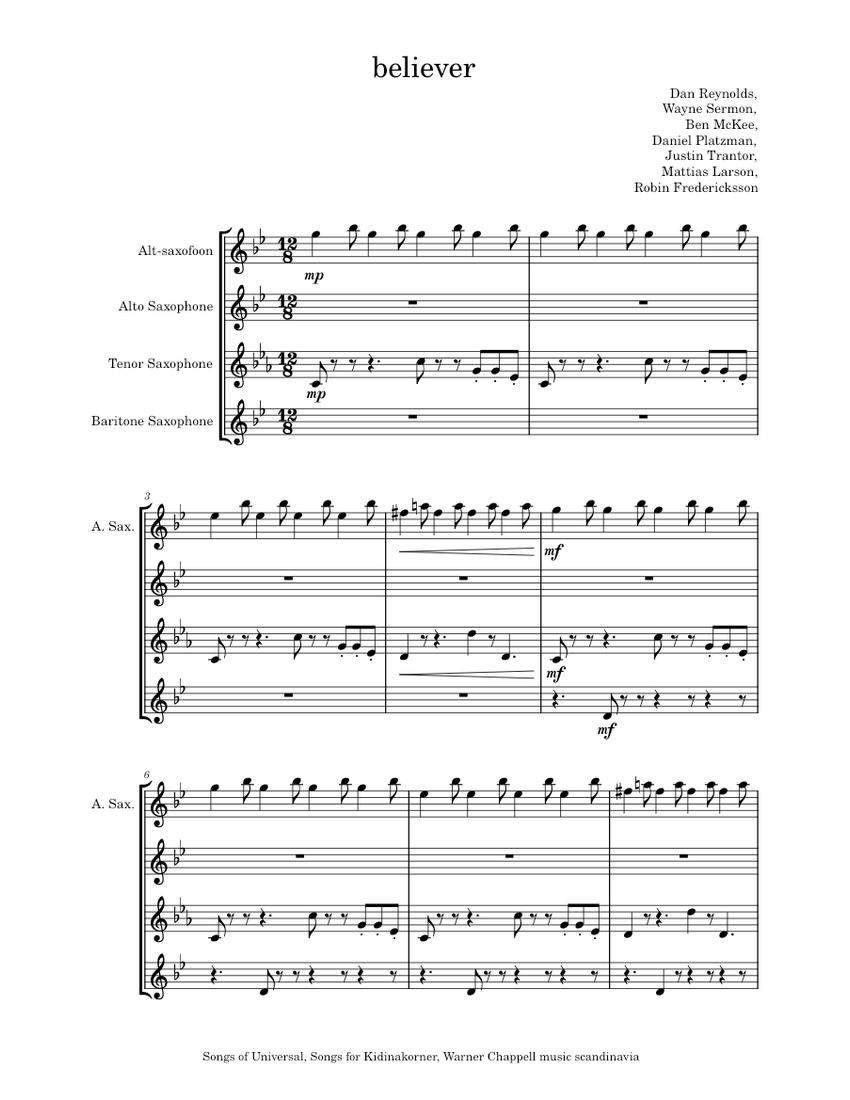 Believer Imagine Dragons Believer Sheet Music For Saxophone Alto Saxophone Tenor Saxophone 