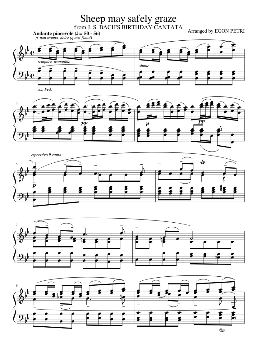 J. S. Bach "Sheep May Safely Graze" (BWV 208 No. 9) for Piano arranged by  Egon Petri Sheet music for Piano (Solo) | Musescore.com