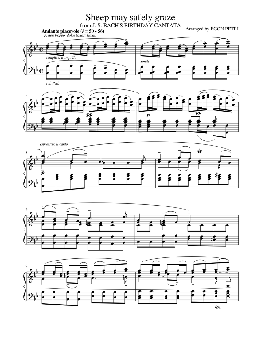 J. S. Bach "Sheep May Safely Graze" (BWV 208 No. 9) for Piano arranged by Egon Petri Sheet music ...