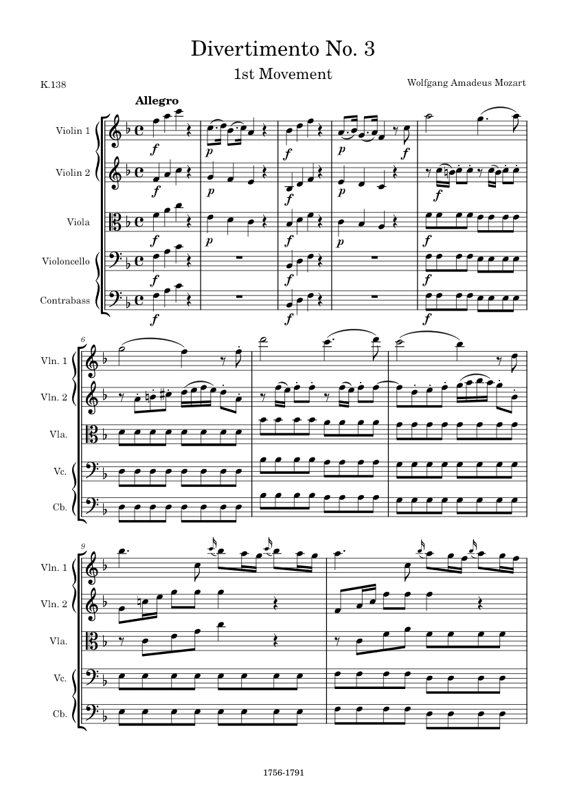 Divertimento No. 3 in F Major, K.138, 1st Movement (Allegro) – Wolfgang ...