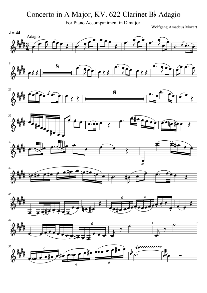 Concerto in A Major KV 622 Clarinet Bflat Adagio