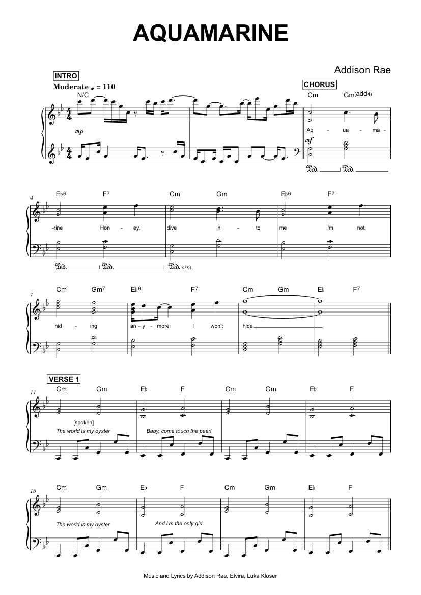 Play Official version of Aquamarine Sheet Music by Addison Rae for ...