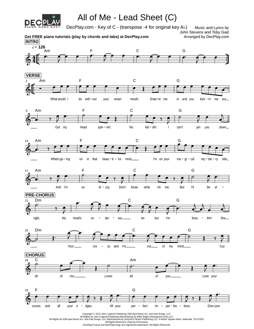 All of Me - Lead Sheet (C) piano / guitar / vocals - John Legend Sheet  music for Piano (Solo) | Musescore.com