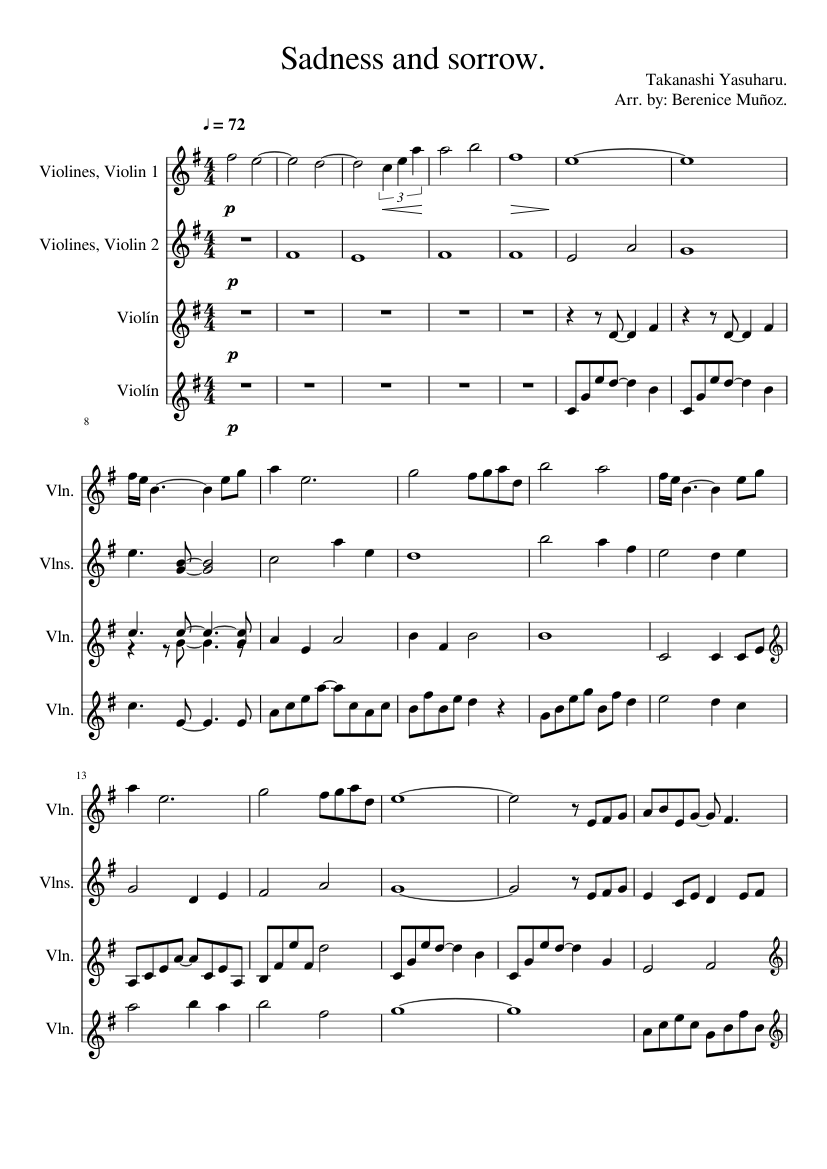 Sadness And Sorrow Violin Cuartet Sheet Music For Violin Strings Group Mixed Quartet