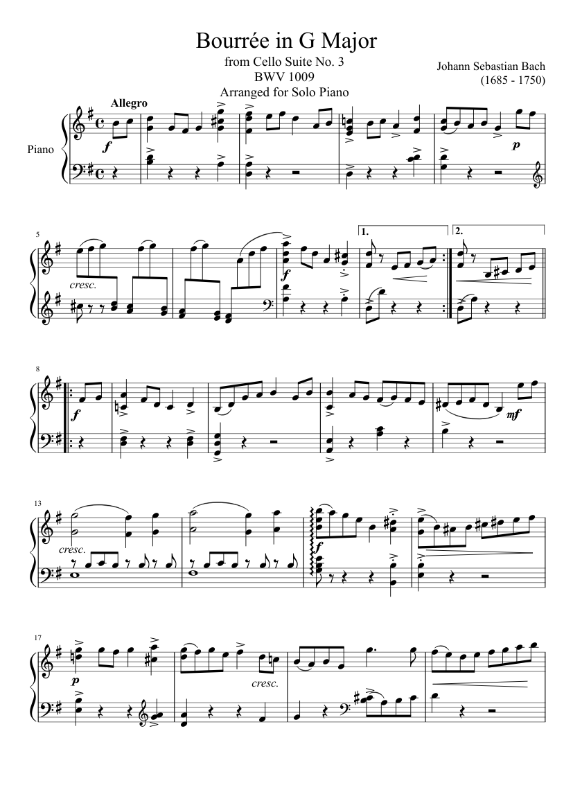 Bourrée BWV 1009 in G Major Sheet music for Piano (Solo) | Musescore.com