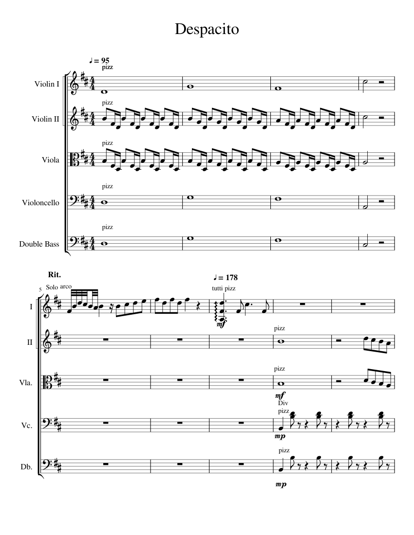 Despacito Sheet music for Contrabass, Violin, Viola, Cello (String Quintet)  | Musescore.com