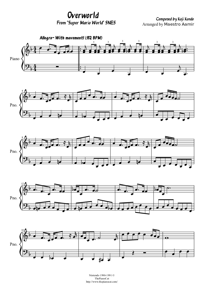 Overworld Theme Super Mario World Sheet Music For Piano Solo 7291