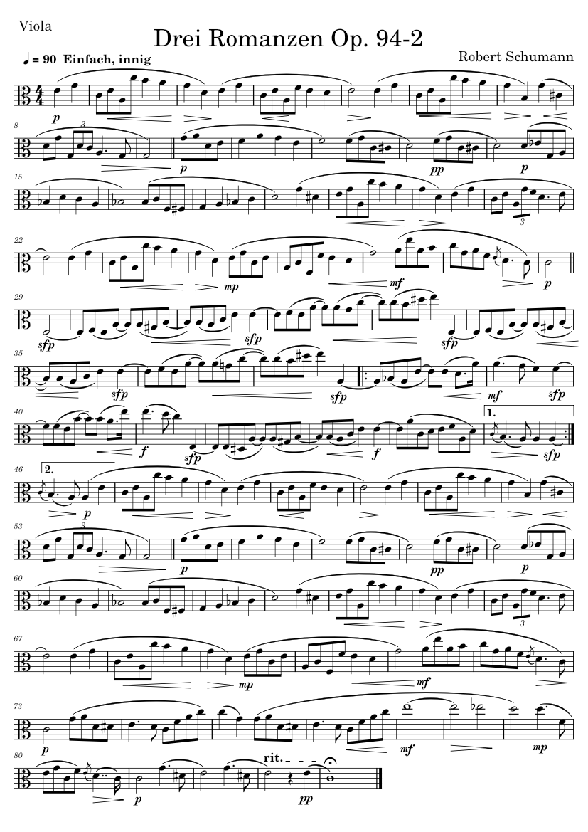 Schumann Romance (Romanzen) Op.94 – 2 楽譜 ビオラ (ソロ