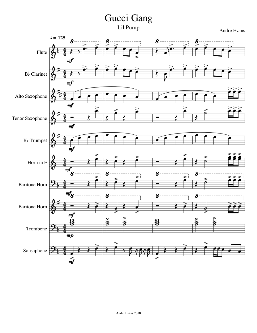 Gucci Gang Sheet music for Trumpet (In B Flat), Trombone, Flute, Clarinet (In B Flat) & more instruments Ensemble) | Musescore.com