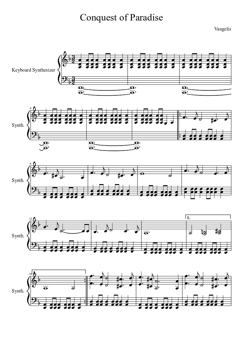Conquest of Paradise • Vangelis Sheet music for Synthesizer (Solo) |  Musescore.com