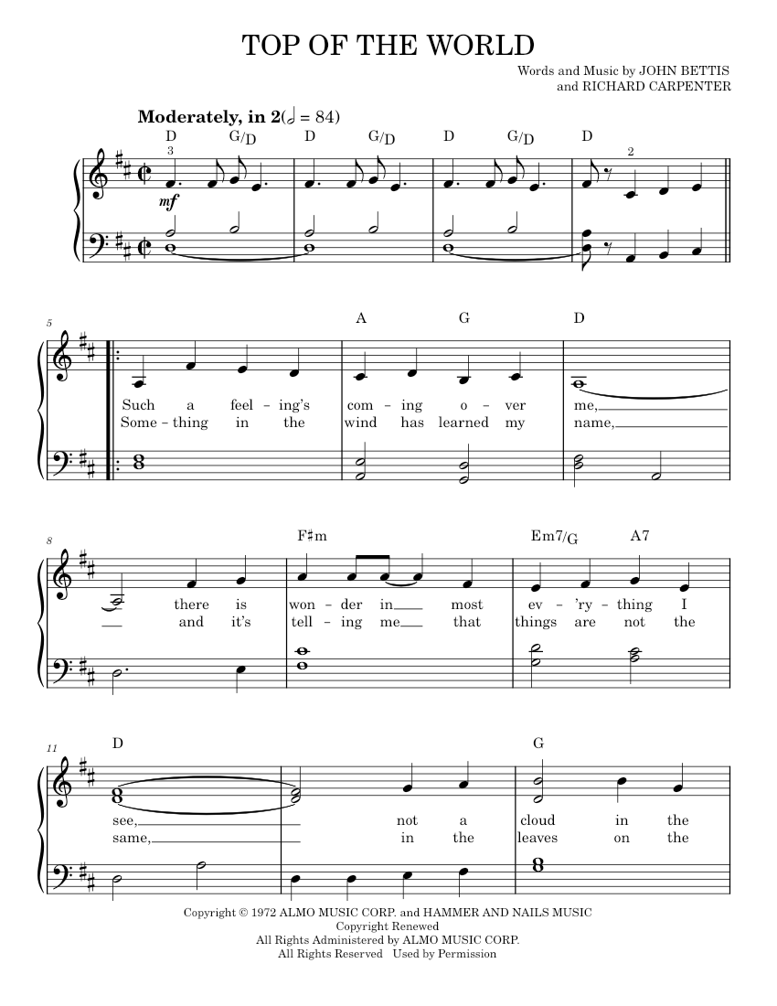 top of the world Sheet music for Piano by Carpenters: Music Notes by ...