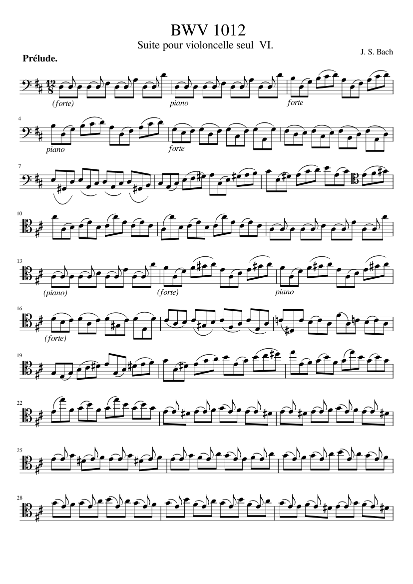 BWV 1012 Cello Suite No.6 in D major (A = 415 Hz) Harp sound Sheet