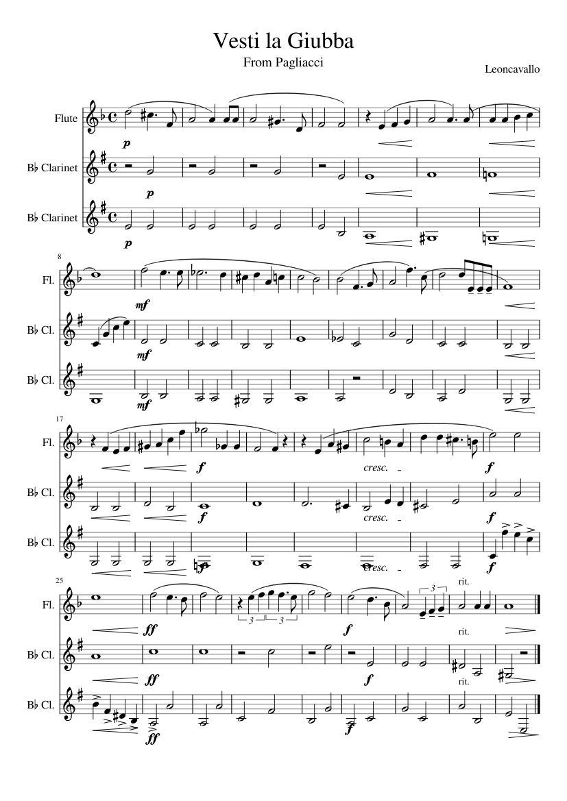 Vesti la Giubba Sheet music for Flute, Clarinet in b-flat (Woodwind Trio) |  Musescore.com