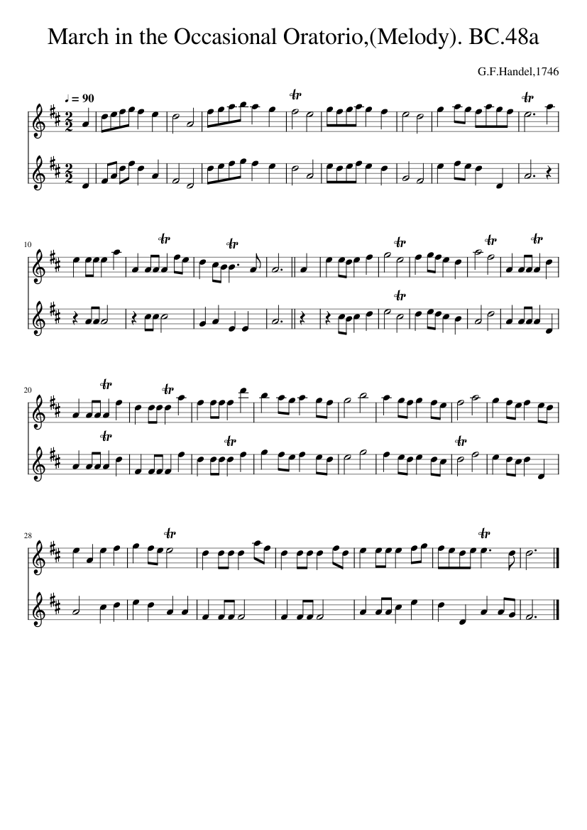 March in the Occasional Oratorio(Melody). BC.48a
