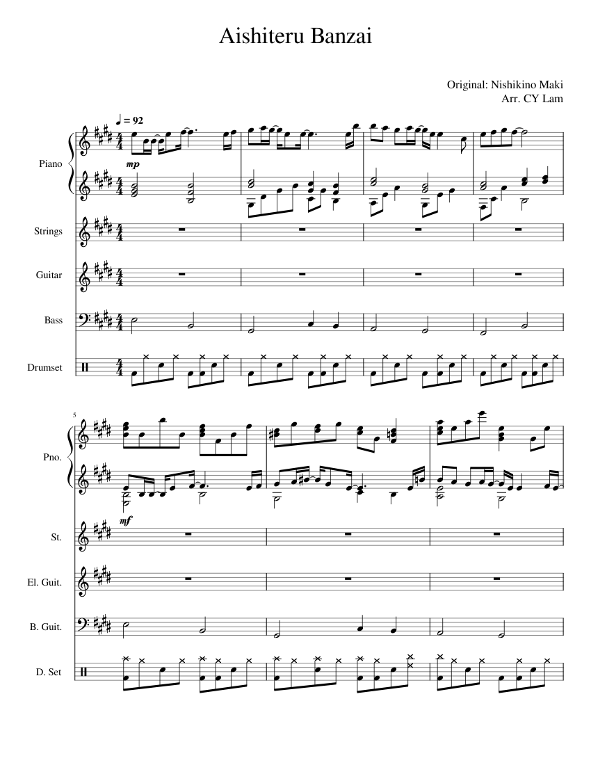 Aishiteru Banzai (Band Arragement) Sheet music for Piano, Guitar, Bass  guitar, Drum group & more instruments (Mixed Ensemble) | Musescore.com