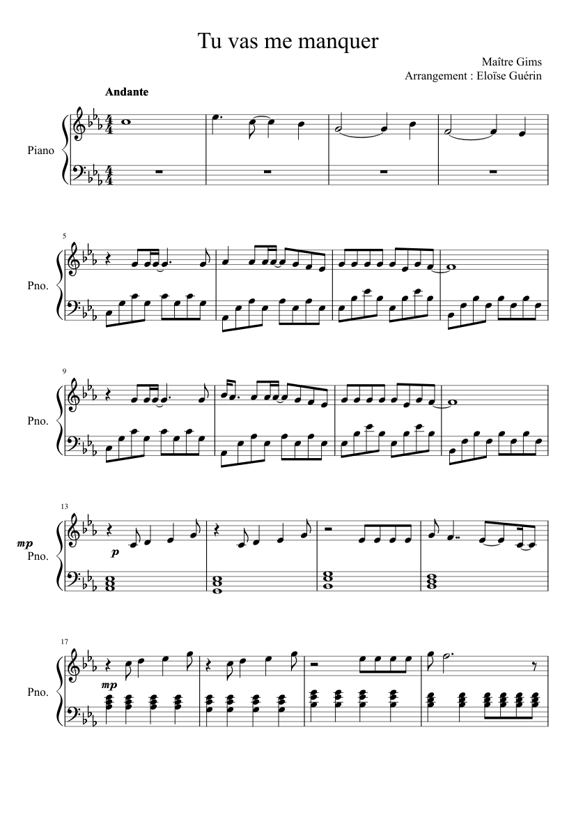 Tu vas me manquer - Maître Gims - Piano Sheet music for Piano (Solo) |  Musescore.com