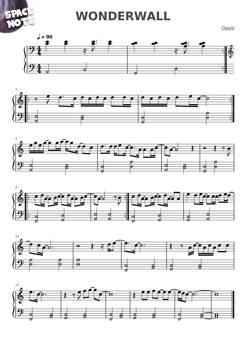 Wonderwall – Oasis Easy Sheet music for Piano (Solo) | Musescore.com